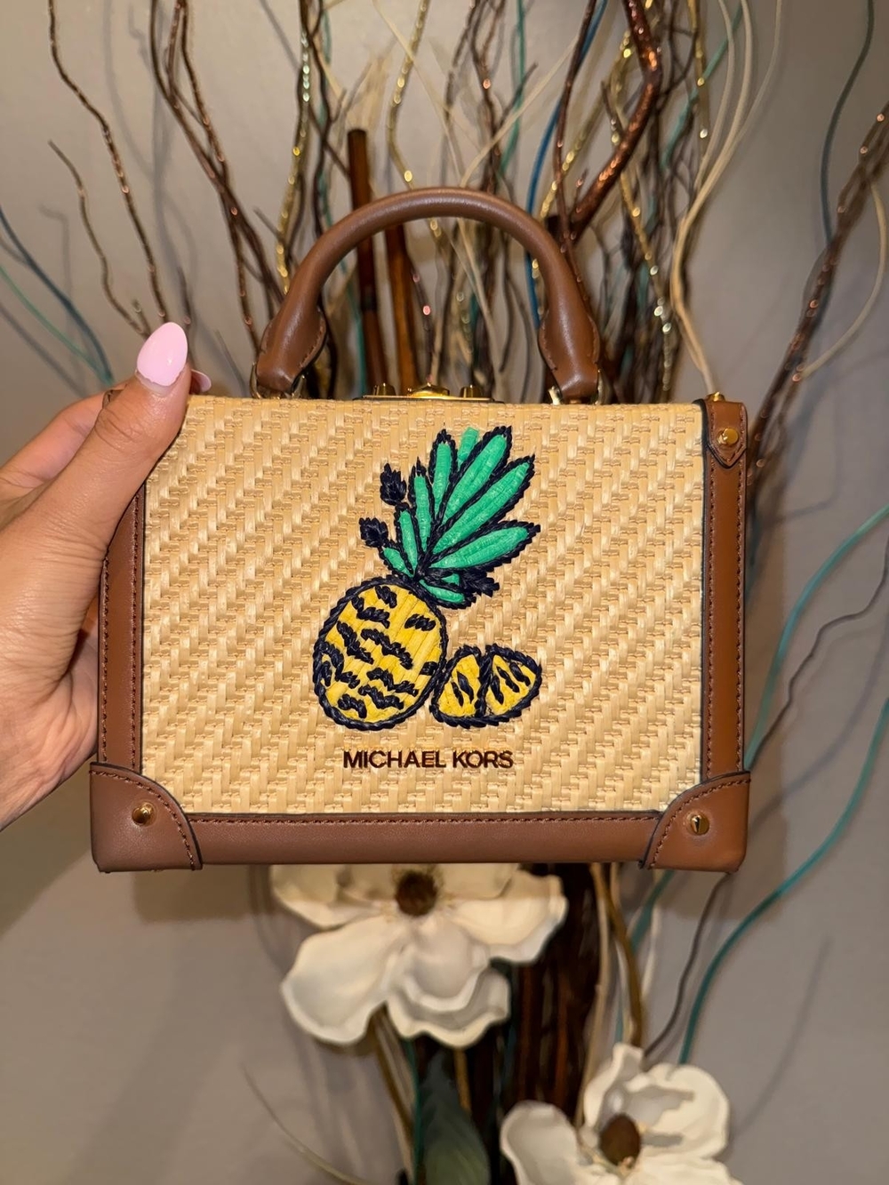 MICHAEL KORS Brown Straw Mini Satchel with Pineapple Embroidery